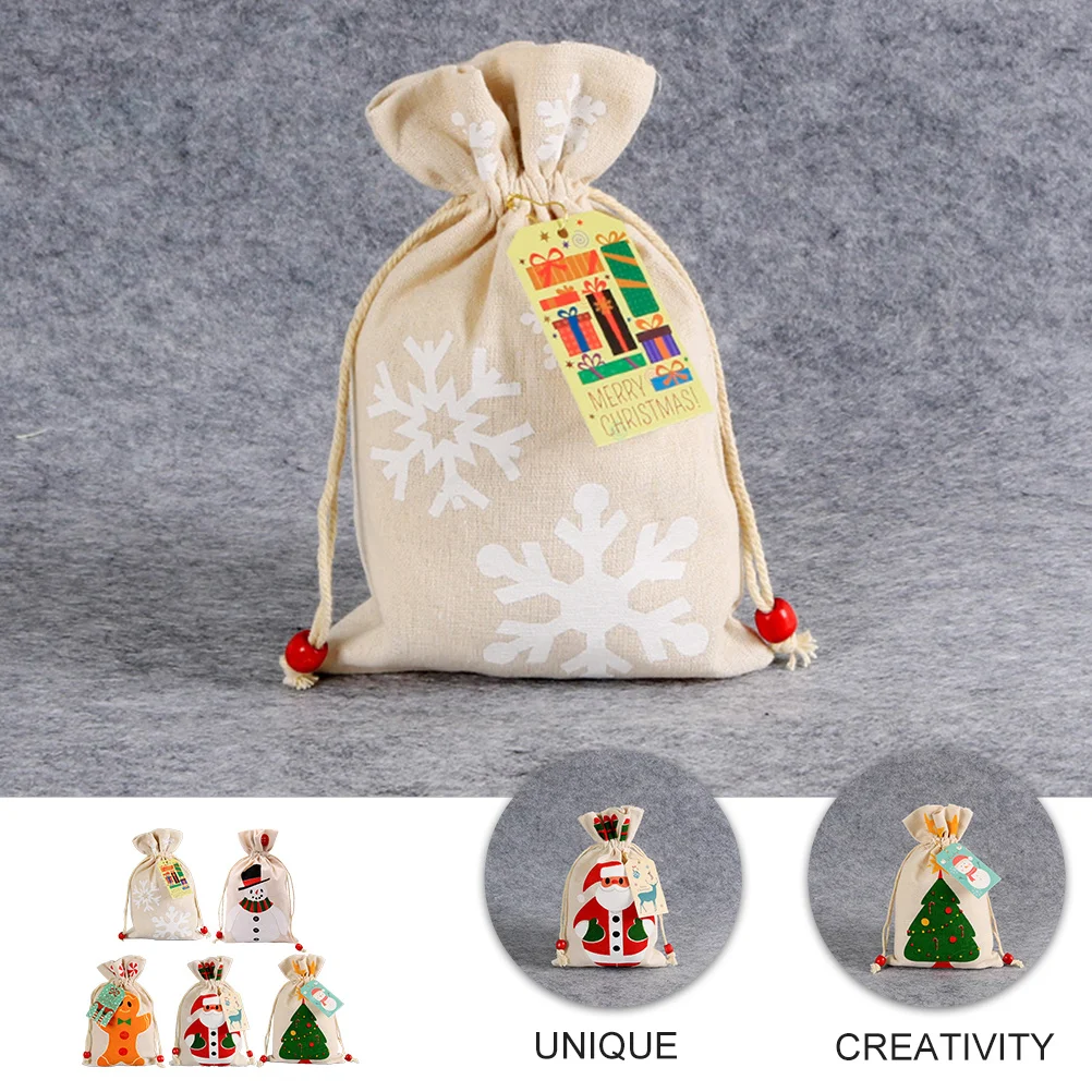 

5Pcs Fabric Drawstring Bag Christmas Theme Candy Storage Pouch for Gifts Favors and Holiday Decoration Use Drawstring Bag