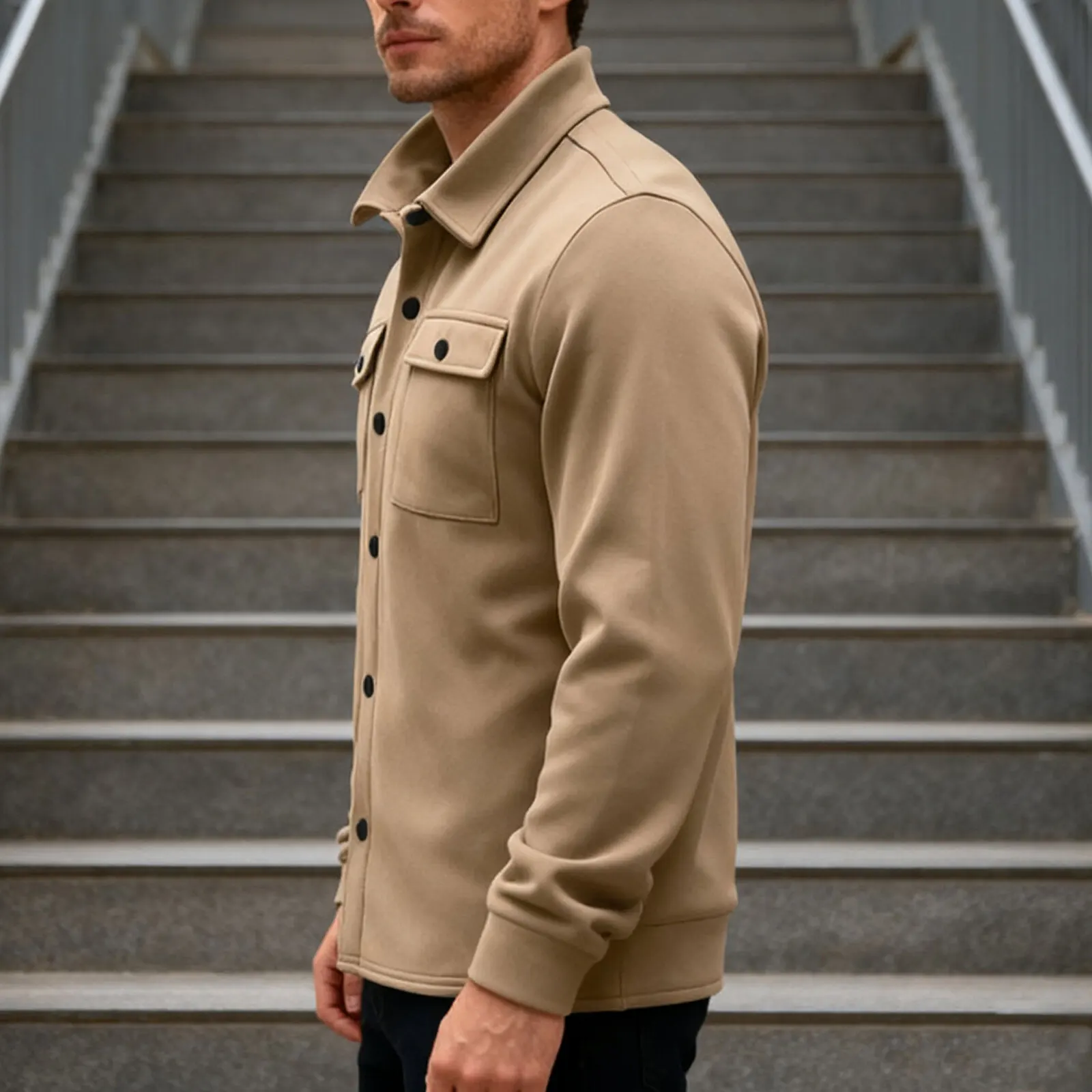 

﻿Male Autumn Winter Casual Jackets Simple Solid Color With Button Lapel Shirts Men Daily Outdoor Event Soft Comfort Clothes