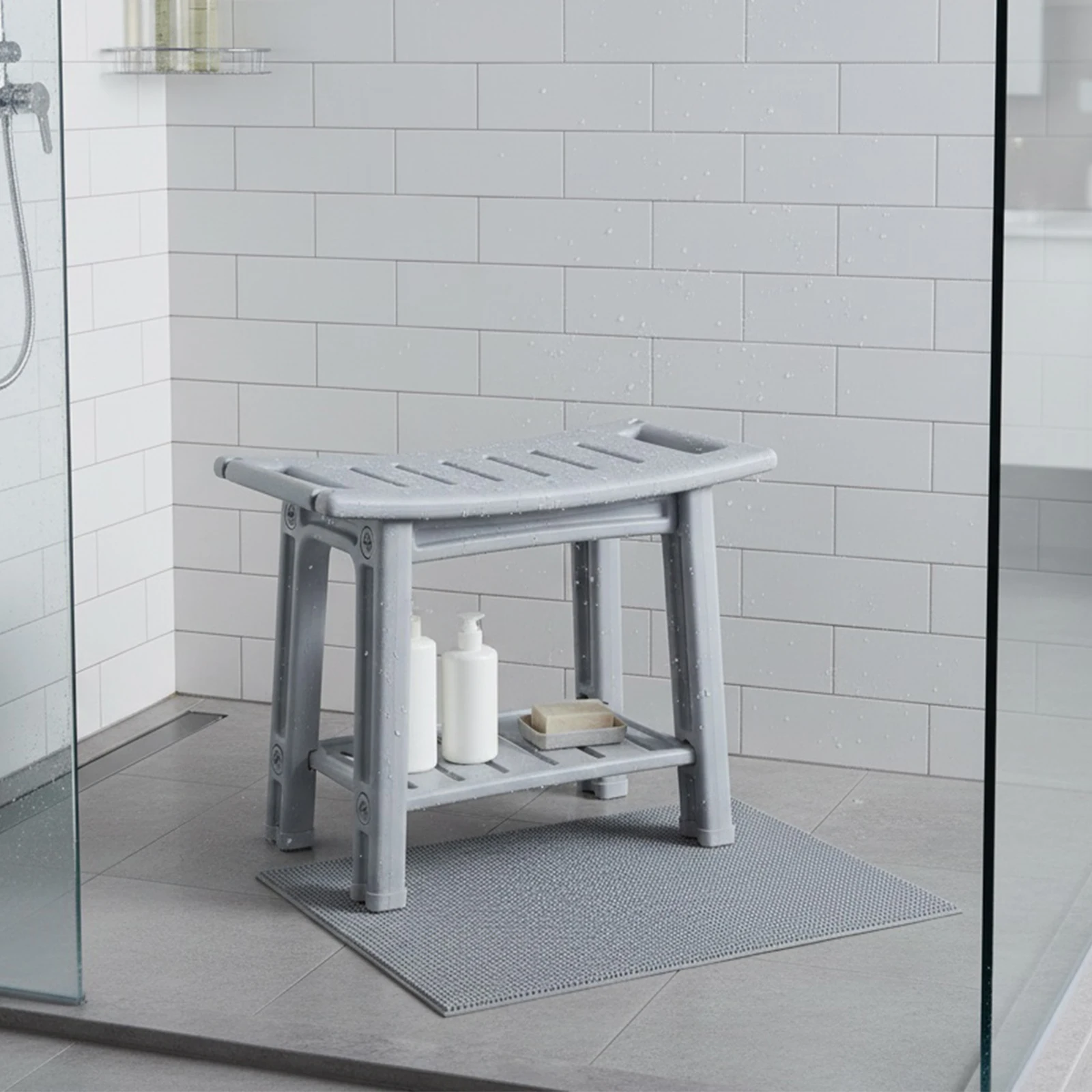 Banco de ducha impermeable con asas y soporte para cabezal de ducha, taburete de ducha de poliéster con patas ajustables para personas mayores y mujeres embarazadas