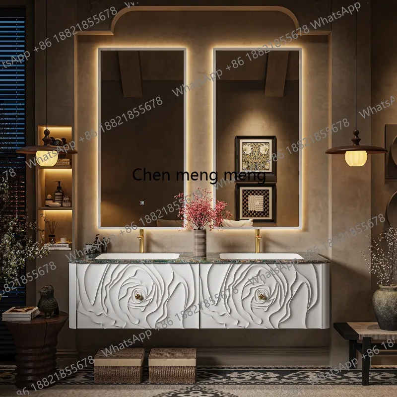 Double basin oak French floor-to-ceiling retro bathroom cabinet combination bathroom washstand hand cabinet customization