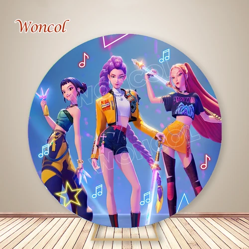 Imagen 2 del producto Fondo redondo de cazadores de demonios KPop, fondo fotográfico de Rumi Mira Zoey, cubierta circular de cazadores de demonios KPop, decoración de fiesta de cumpleaños para niña