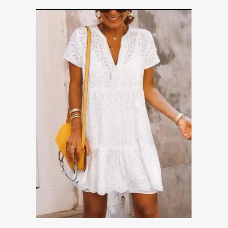 

Fashionable Loose Large Size V-Neck Embroidered Lace Hollow out Floral Dress Women's Trendy Cotton Short Sleeve Midi Dress