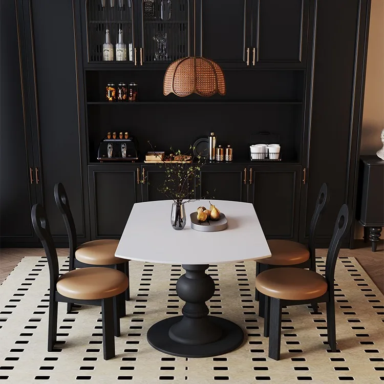 French retro solid wood rotating function dining table, small apartment rock slab dining table