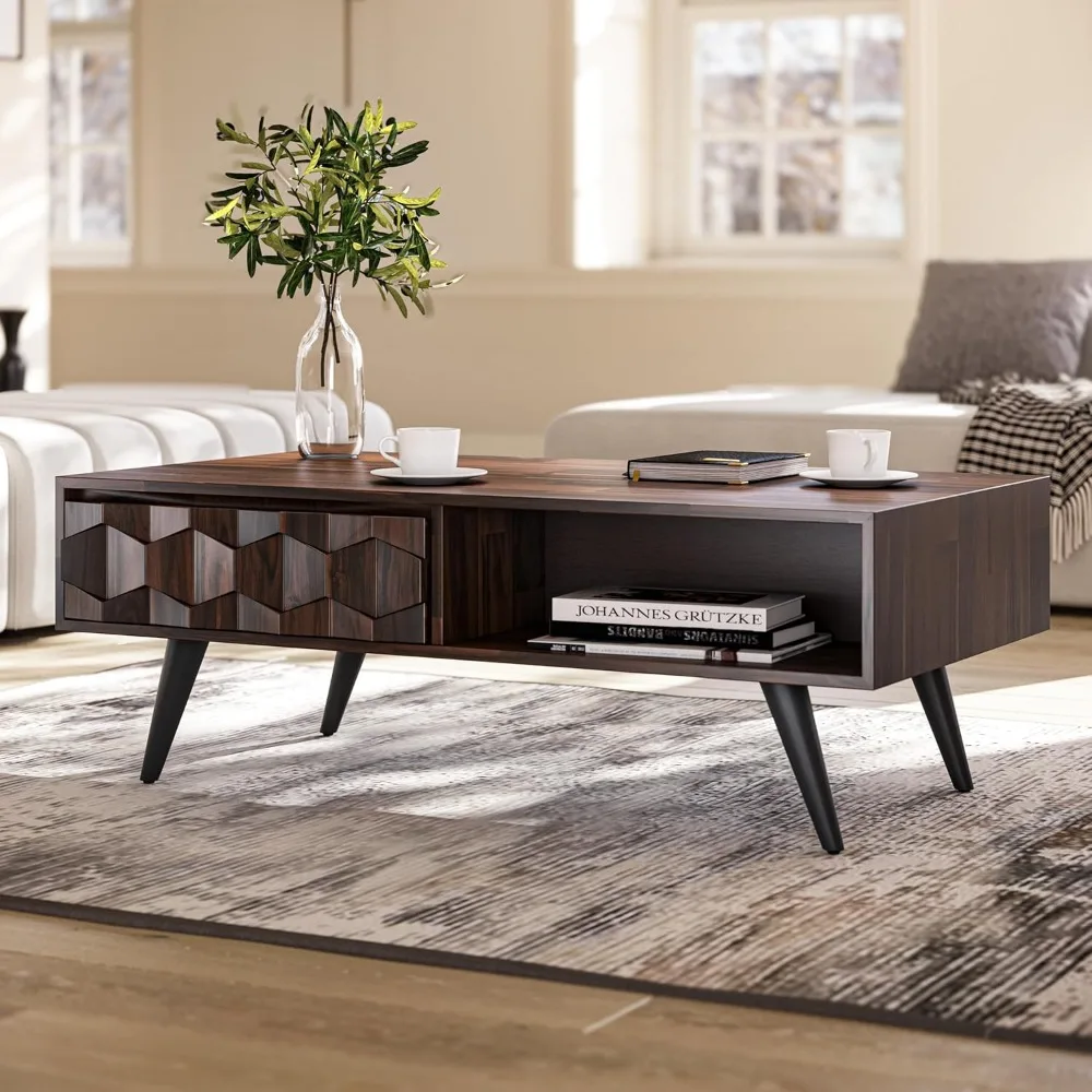 

Solid Wood Coffee Tables For Living Room, Coffee Table Mid Century Modern With 2 Symmetrical Storage Drawers