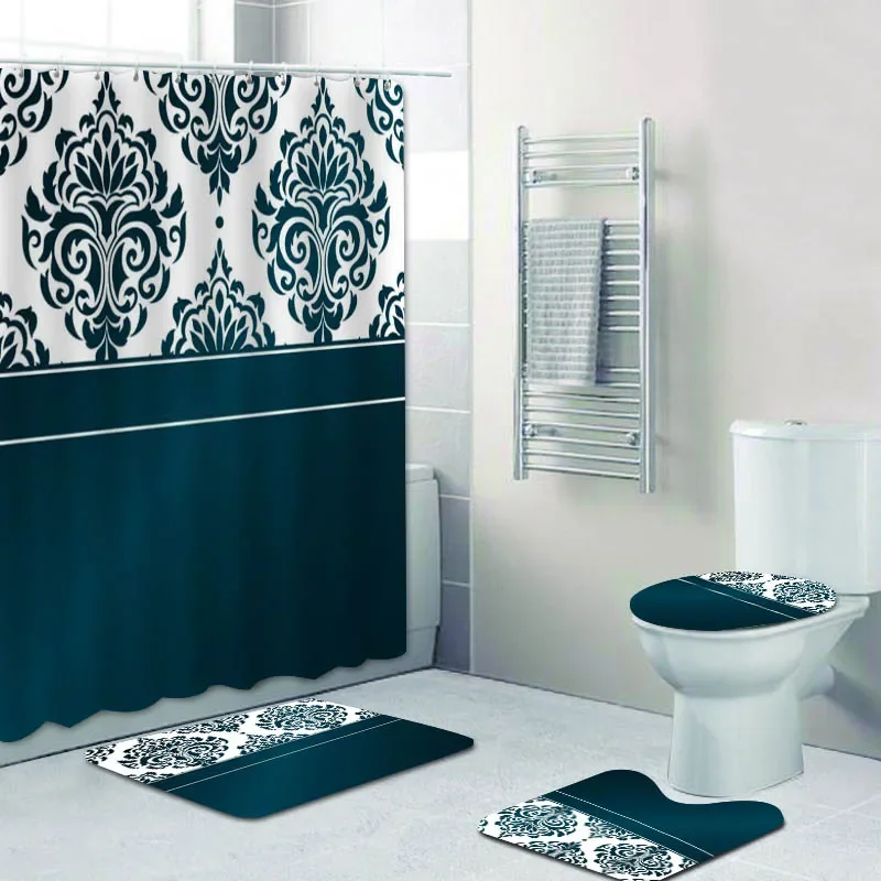 Luxury Black Gold Damask Shower Curtain Bath  Set Golden Gorgeous  Pattern Bathroom   Mat Toilet Decor