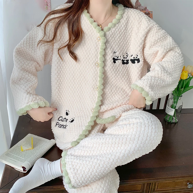 Winter Panda Print Coral Fleece Sleepwear Women's Pajamas With Pants Set V-Neck Button Cardigan Warm 2 Piece Sets Thicken Pajama