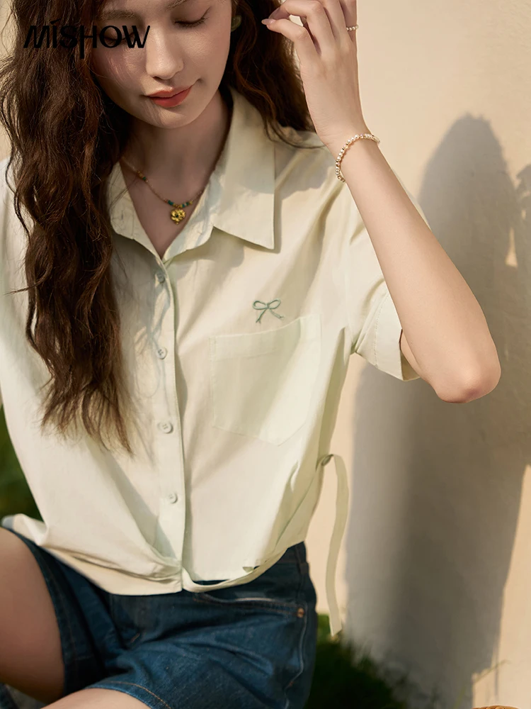 MISHOW Same Color Bow Embroidered Shirt Summer 2024 Lapel Collar Asymmetric Hem 100 Cotton Casual Short Sleeved Top MXD23C0257