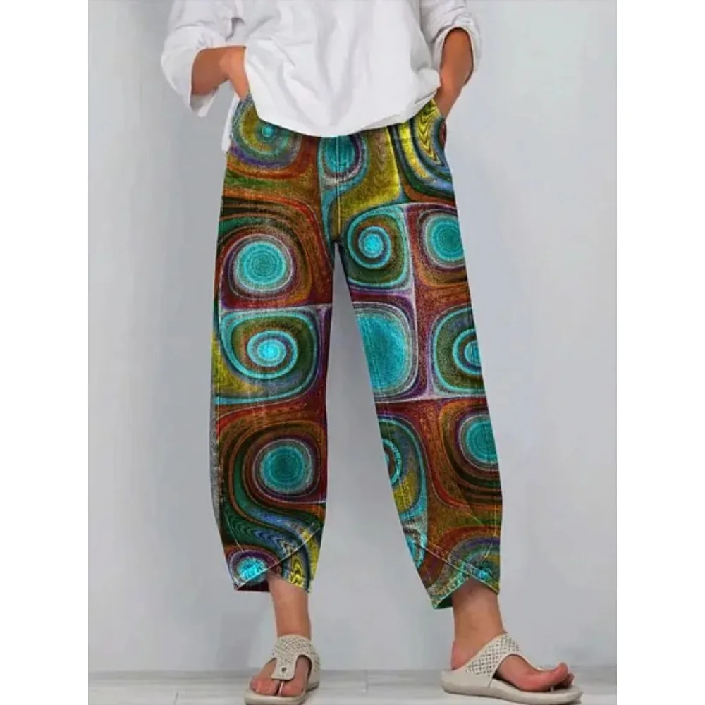 Kurze Harem-Capri-Hose mit abstraktem geometrischem Aufdruck für Damen, Baumwolle, lockere Passform, Tulpen-Wickelhose, knöchellange Freizeithose, XXS-4XL – Detail 2