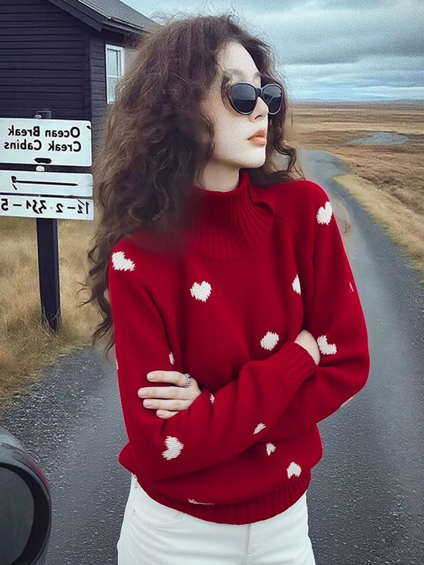 

Красный вязаный свитер Thiened с высоким воротником, женский зимний модный свитер с вышитым сердцем, уютный Cisas Aosphere