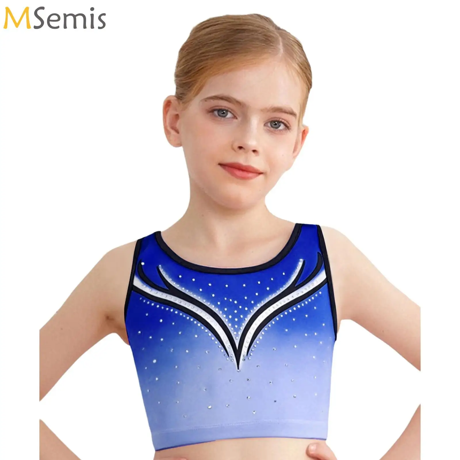 

Running Gym Yoga Dancewear Kids Sparkling Rhinestones Gradient Crop Top Gymnastics Ballet Dance Vest Dance Practice Activewear