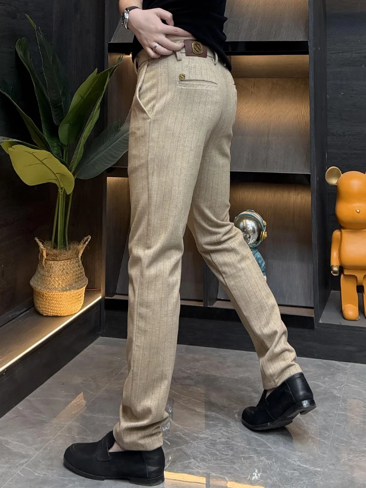 

Men's Winter Casual Pants Striped Straight Leg Faionable Versatile Busin Casual Long Trousers mid Waist Zipper Fly