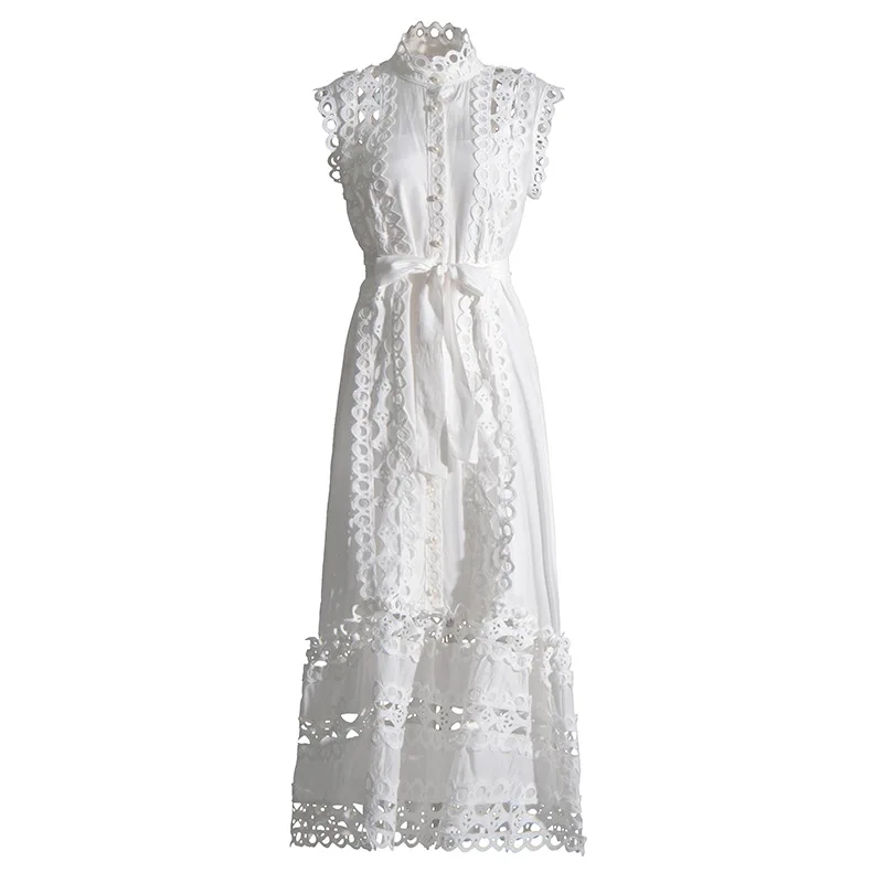 Französisches Vintage-Spitzenkleid 2025, Sommer, Rundhalsausschnitt, ärmellos, aushöhlen, durchsichtig, einfarbig, langes Kleid, Damen, Urlaub, Pendler