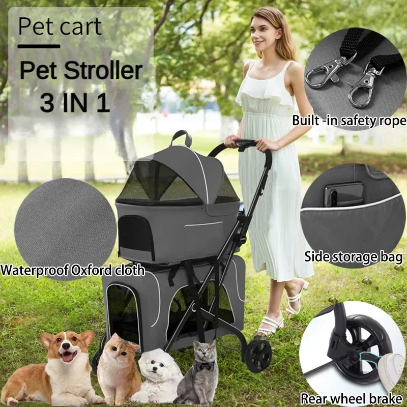 

Foldable Pet Stroller, Dog Cage Jogger Stroller with Detachable Carrier, 2-Layer Cat Carrier, Pet Travel Trolley for Puppy Cats