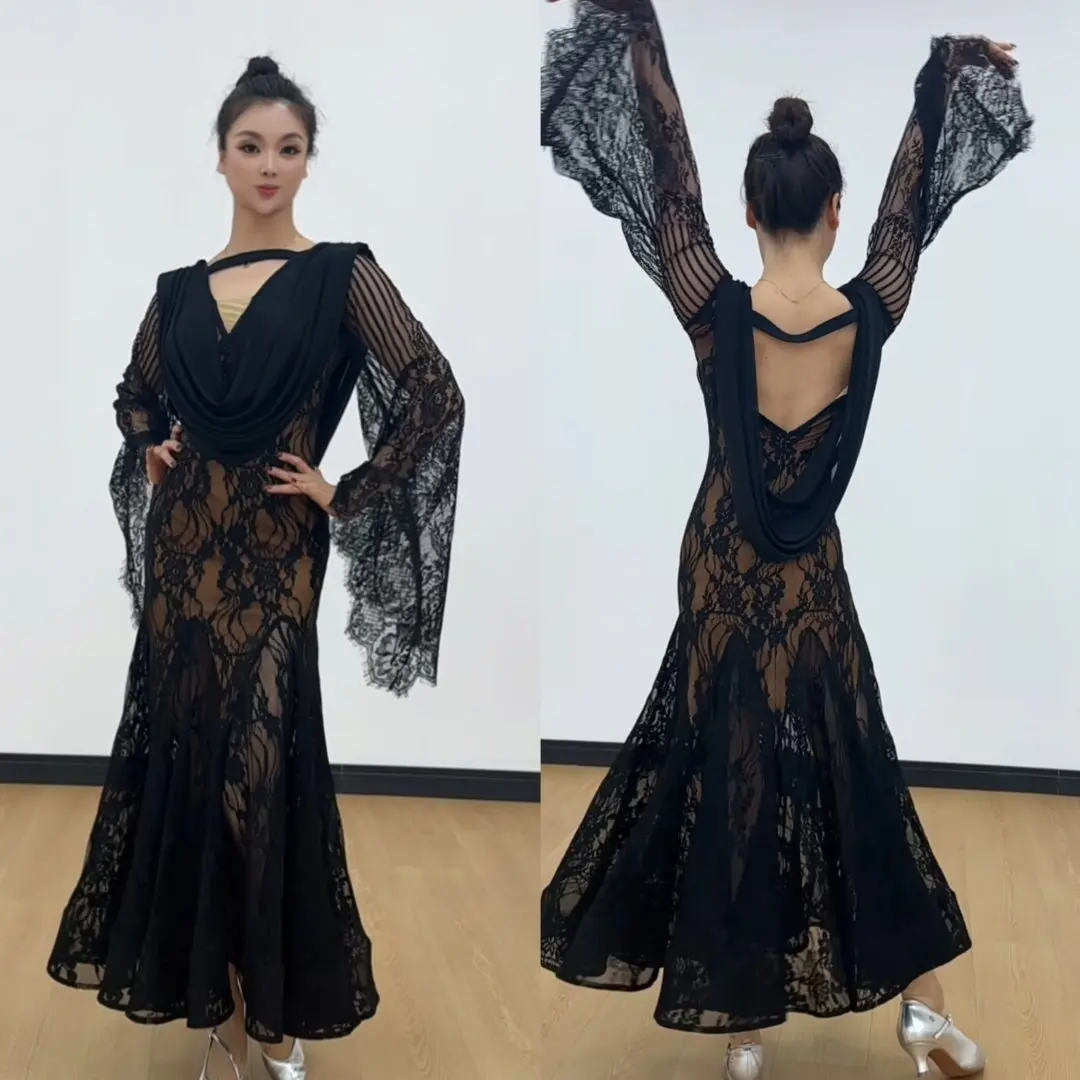 

Черное кружевное платье для бальных танцев, женское платье с v-образным вырезом и расклешенными рукавами, одежда для тренировок по вальсу, танго, танцевальная одежда BL18389