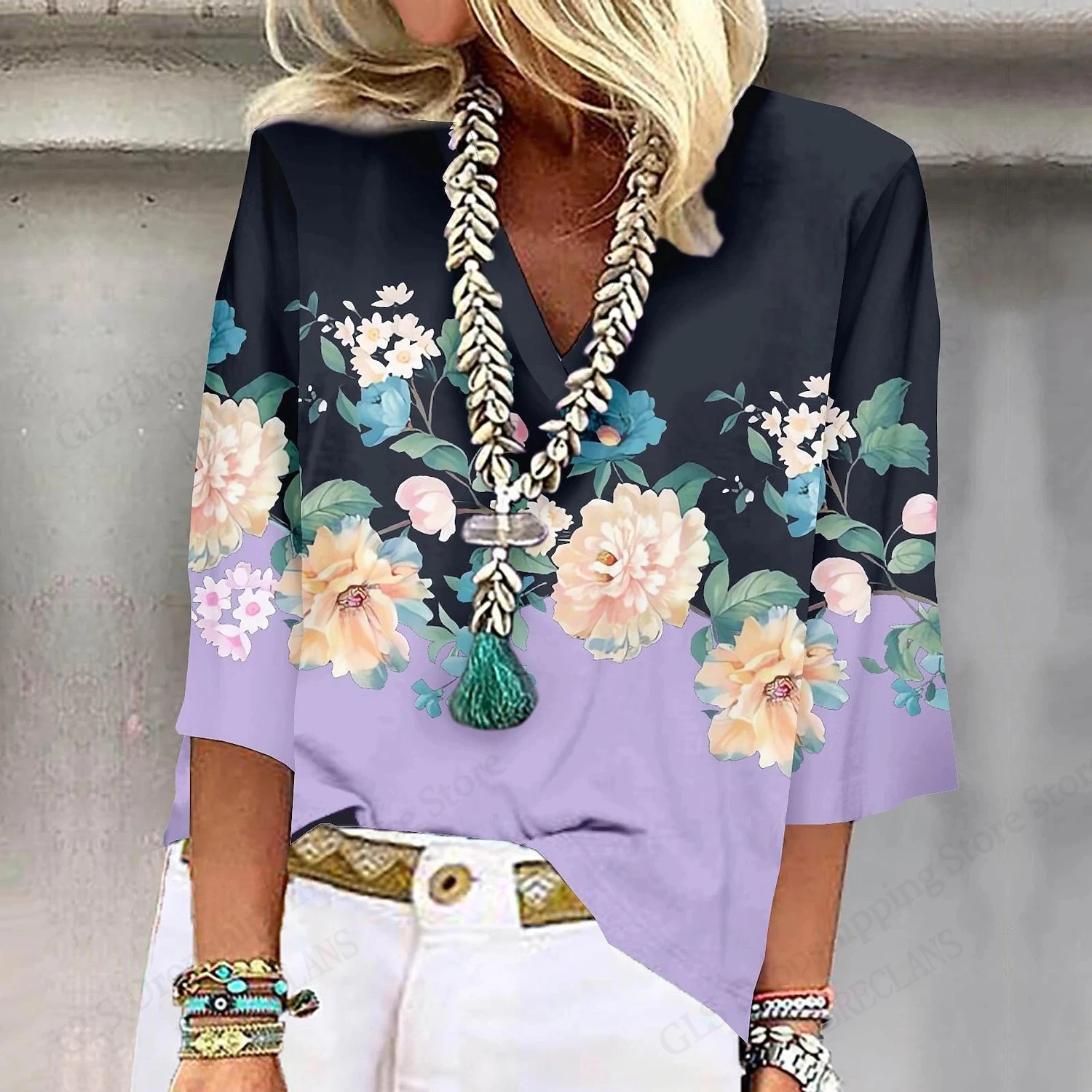 2025 여름 새로운 여성 티셔츠 꽃 꽃 3d 인쇄 Tshirt 여성 패션 v 넥 짧은 소매 오버 사이즈 탑 티 여성 의류