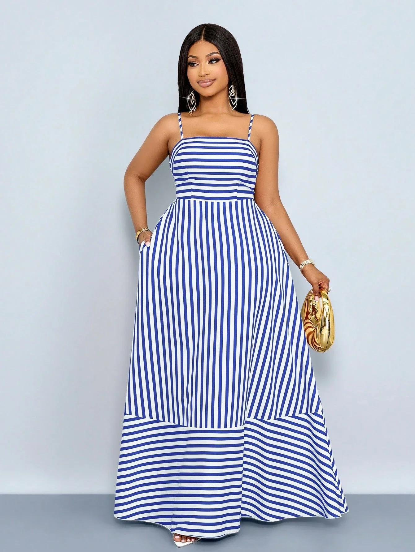 

Plus Size Striped Maxi Dress With Spaghetti Straps Pockets Elegant Casual Beach Vacation