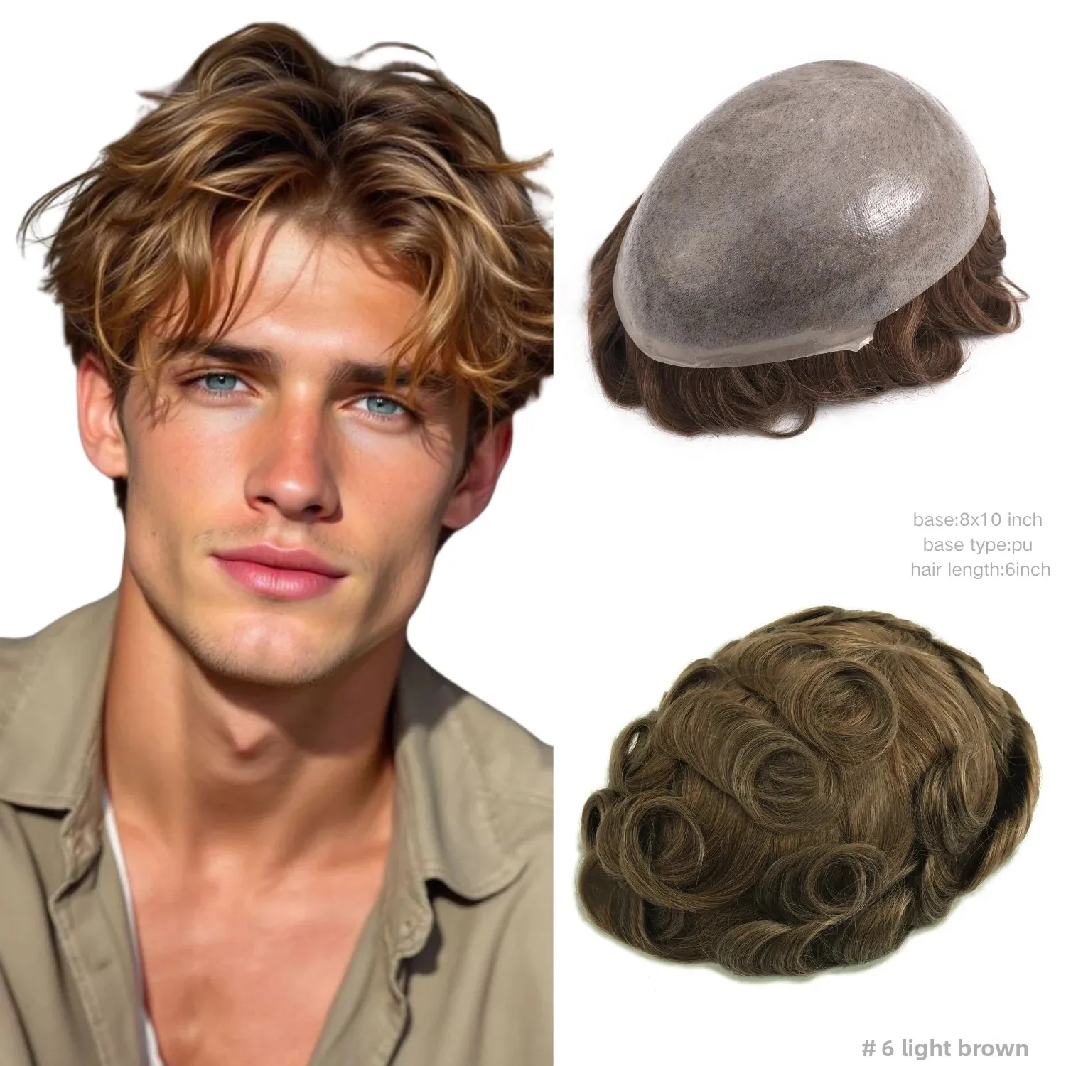 

Мужской парик-накладка из натуральных волос: комфортный, с тонкой кожаной основой, светло-коричневый, система замещения волос из натуральных человеческих волос