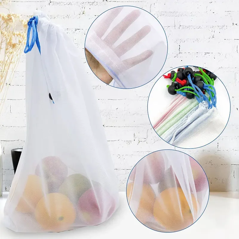 Sacos reutilizáveis do armazenamento da malha para frutas e vegetais, bolso líquido lavável, cestas do armazenamento da cozinha, 3pcs