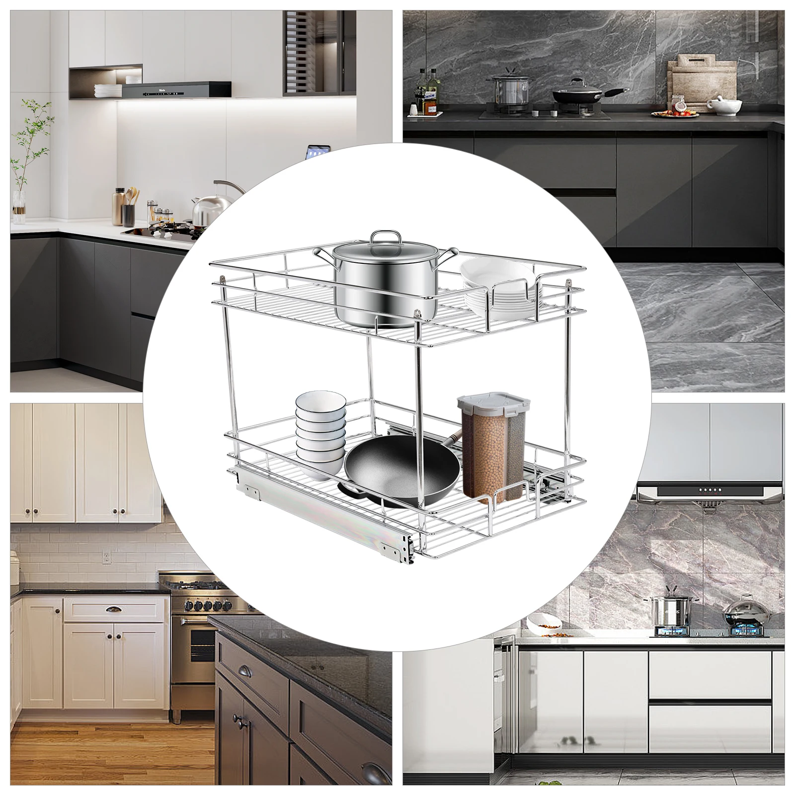 

2-Tier Silver Cabinet Pull Out Shelves, Kitchen Cabinet Organizer Storage Basket for Storing Kitchen Utensils, 13.5"W x 21.5"D