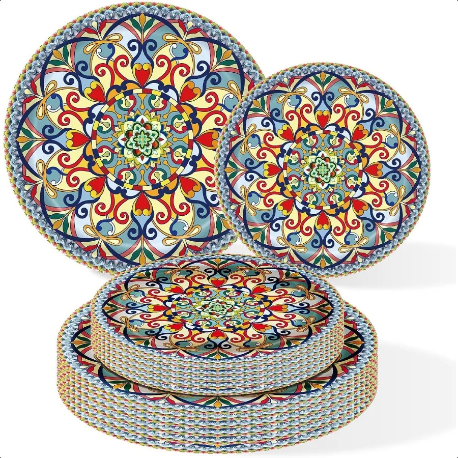 

100PCS Boho Paper Plates 50×7 Inch 50×9 Inch Bohemian Style Plates Dert Party Dinner Plates Dinnerware Plate Set for Birthday