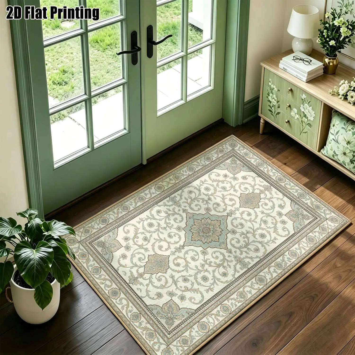 1Pc 2D Printed Carpet: Blue, White, Brown Scroll Pattern Vintage, Minimalist, Instagram-Style Floor Mats for Home Decor, Multi-Size, Machine Washable, for Living Room, Bedroom, Dining Room, Entrance, Study.