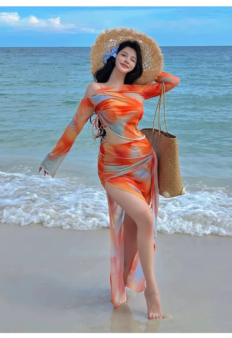 sexy oversize orange bikini sets 4pcs with long sleeve mesh top and tie long split skirt sweet swimsuit swimwear biquini tankini
