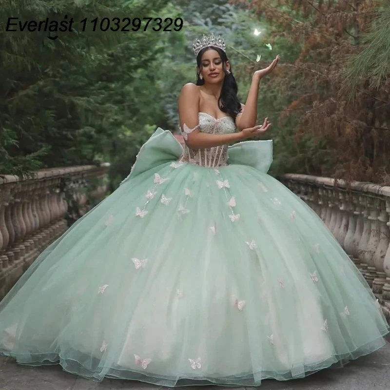 

EVLAST Glitter Sage Green Bow Quinceanera Dress Ball Gown 3D Butterfly Applique Beaded Corset Sweet 15 Vestido De 15 Anos TQD595