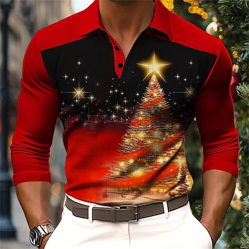 

3D Print Elk Graphic Graphic Men's Polo Shirt Christmas Element Pattern Long Sleeve Casual Top Fashion Personality Lapel Clothes