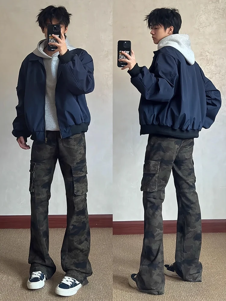 

American Retro Camouflage Work Pants Men's Slim Fit Bell Bot Denim High Street Vibe High Waist Trousers Autumn Season