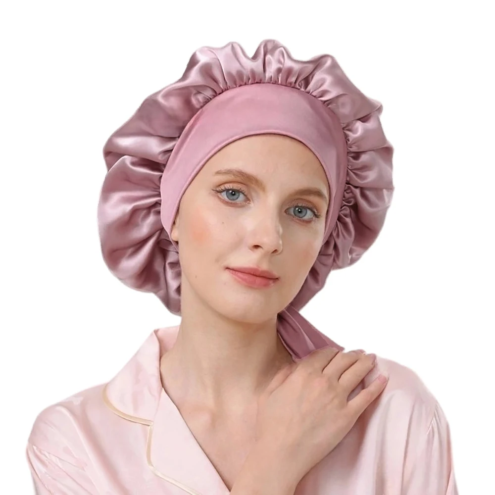 100% Pure Mulberry Silk Bonnet for Women Large Sleeping Cap for Hair Care with Elastic Tie Band for Long Curly Braid Hair