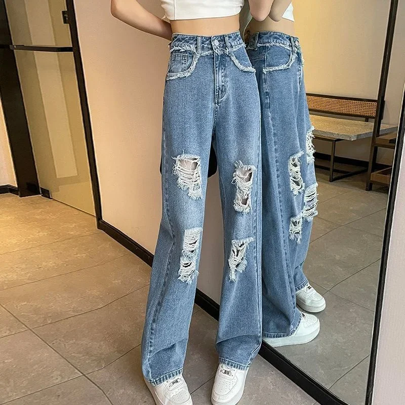 Jeans Women Spring Summer Denim Vintage Korean Solid Retro Hole Lady Stylish Full Length All-match High Waist Chic Street Style