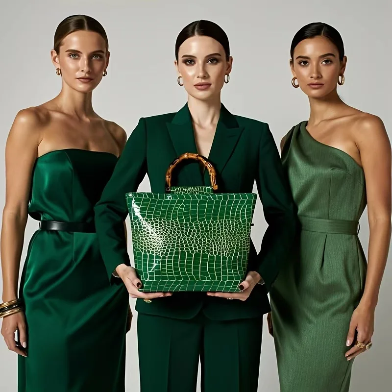 High-end faux leather emerald green crocodile pattern tote bag for women, glossy embossed faux bamboo handle handbag view 3