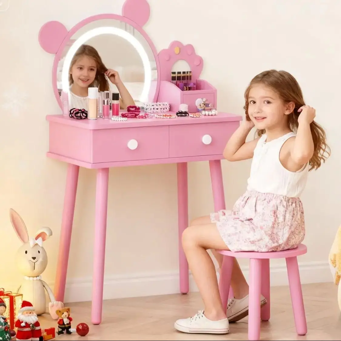 Kids Changing Table with Lights, Cute Bear Shaped Makeup Desk with Mirror and Storage Drawers, Wooden Princess Makeup Table Set