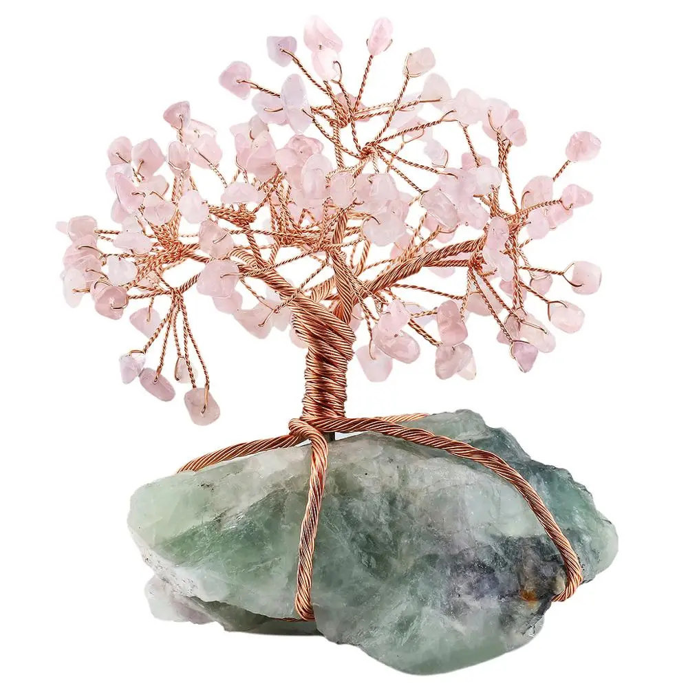 Natürliche Raw Fluorit Basis Kupfer Draht Gewickelt Rose Quarz Chips Stein Geld Baum Bonsai Glück Feng Shui Figurine Ornament