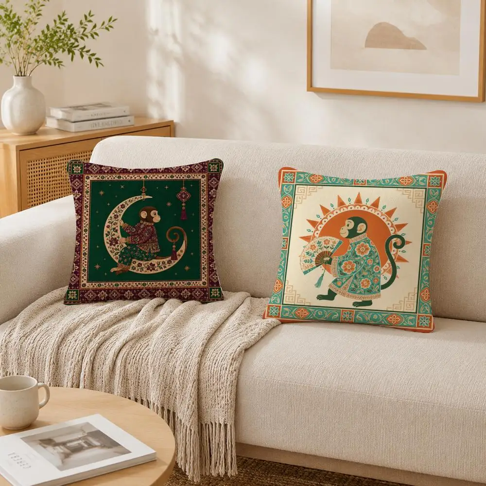 Luxury Chinoiserie Monkey Cushion Cover Double-Sided Plush Sofa Cushion Covers Organic Breathable Invisible Zipper