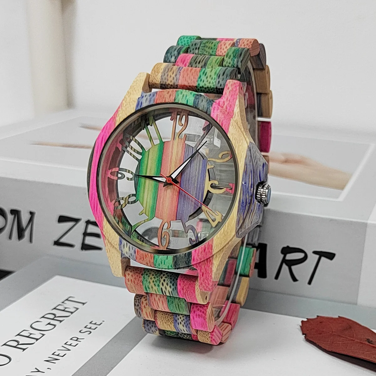 Men\'s Colorful Bamboo Quartz Watch Fashion Transparent Hollow Watch Timepieces Wooden Wrist Watches For Men reloj hombre