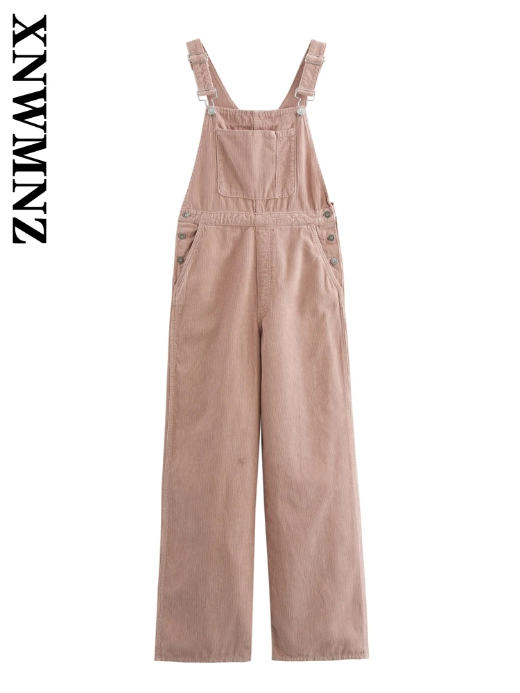 XNWMNZ 2024 Autumn Female Vintage Side Button Corduroy Overalls High Waist Classic Lady Solid Color Ruffles Loose Fit Pockets