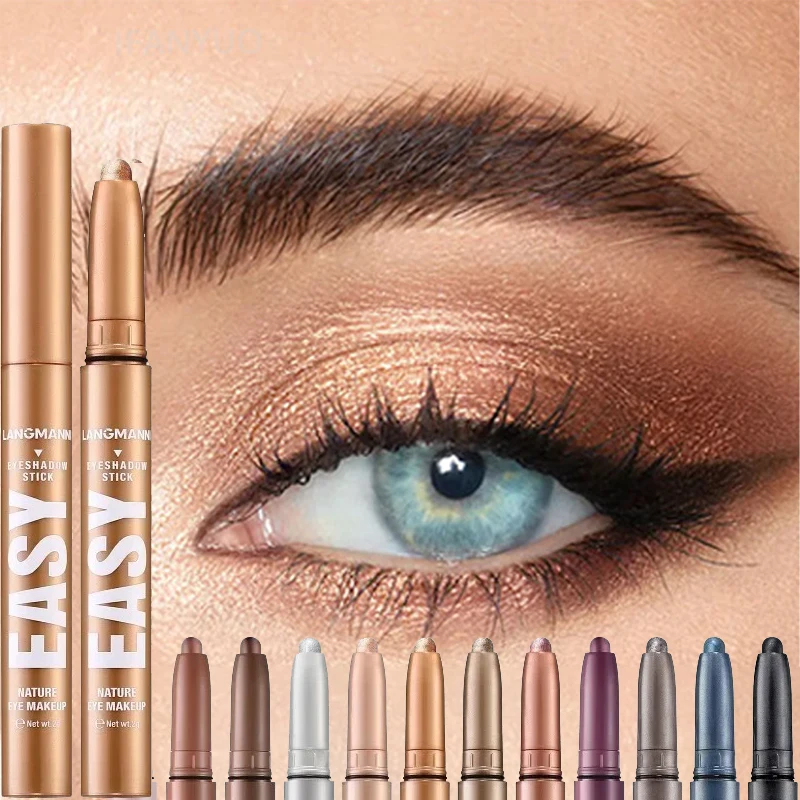 Barra de sombra de ojos mate brillante, 12 colores, brillo de larga duración, delineador de gusano de seda, resaltador, lápiz de sombra de ojos, maquillaje de ojos suave