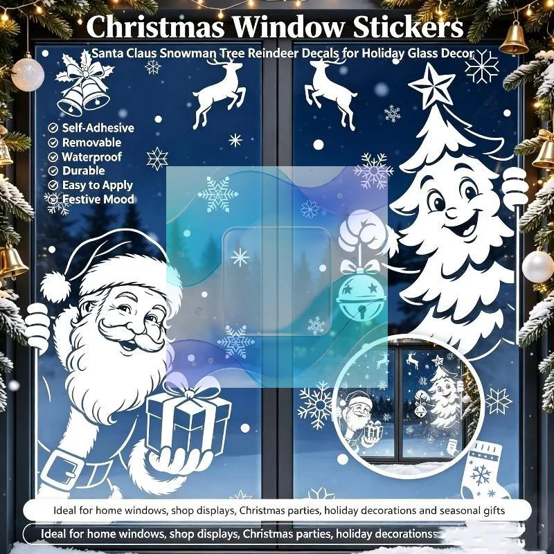 Christmas Window Clings 2 Sheets No Residue Removable Static Decals for Xmas Winter Office Reception Area Decor