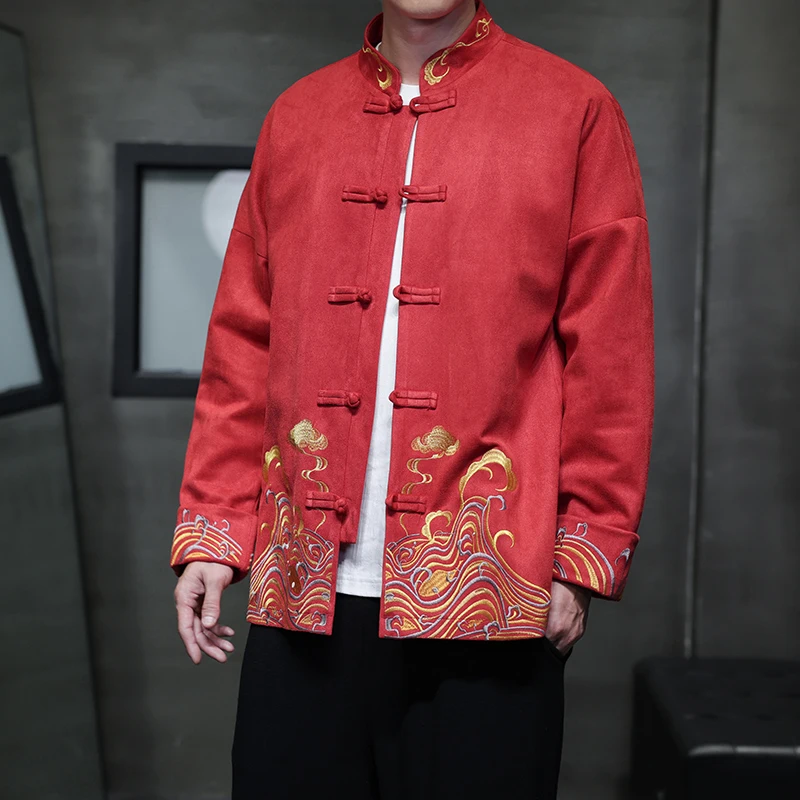 

Новый китайский мужской костюм Тан Jaet Long Sve с вышивкой из кожи оленя, бархатная верхняя одежда Hanfu, традиционная китайская одежда