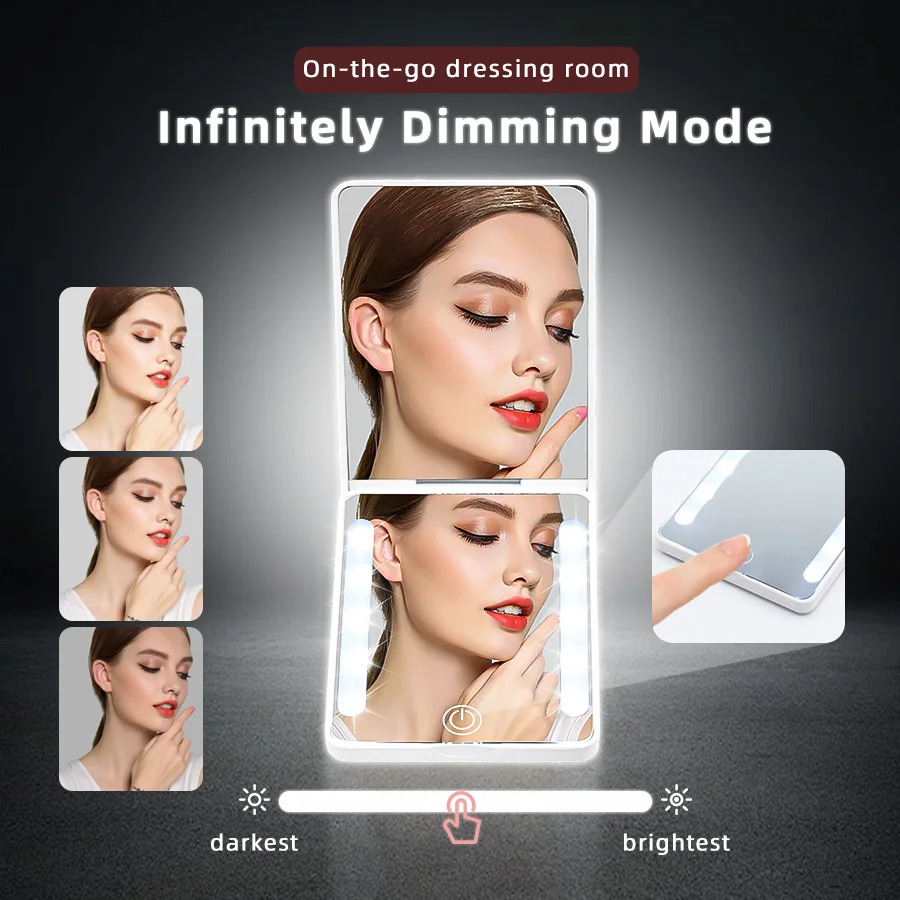 LED 3-Color Dimmable Double-Sided Mirror (HD + 2x) - Ultra-Thin Foldable, Ins Style, Travel Touch-Up, Gift for Women