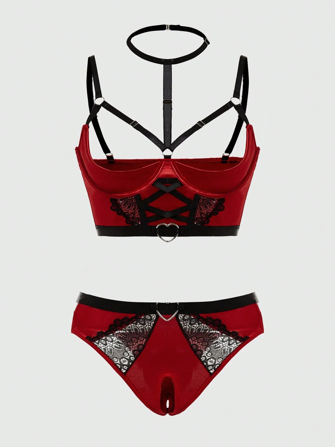 

Красный готический комплект нижнего белья с кружевом и сетчатыми вставками