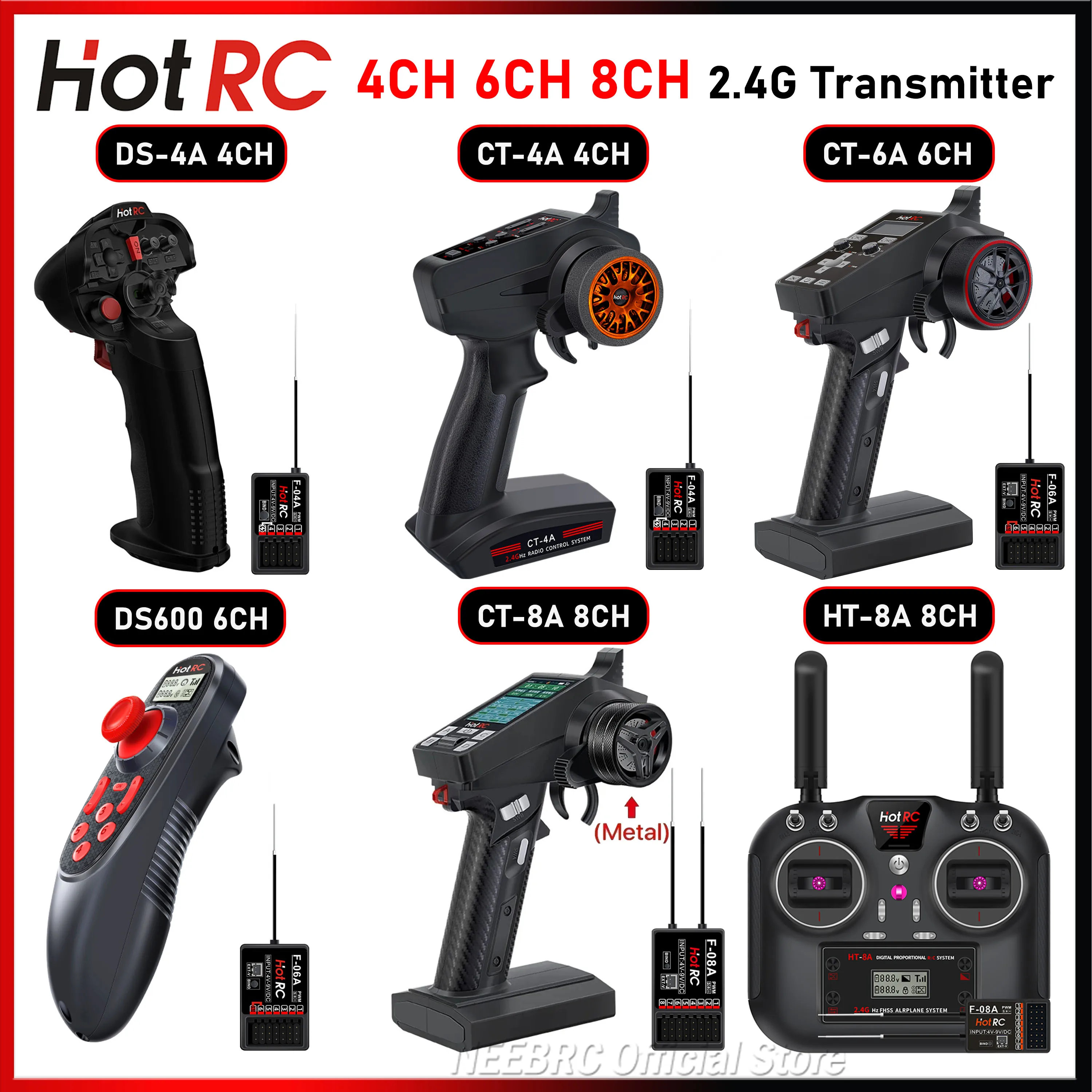 HOTRC 4/6/8CH 2.4G Transmitter DS-4A CT-4A CT-6A DS-600 CT-8A HT-8A Radio Systems w/ Receiver for RC Car Boat Aircraft Vehicles