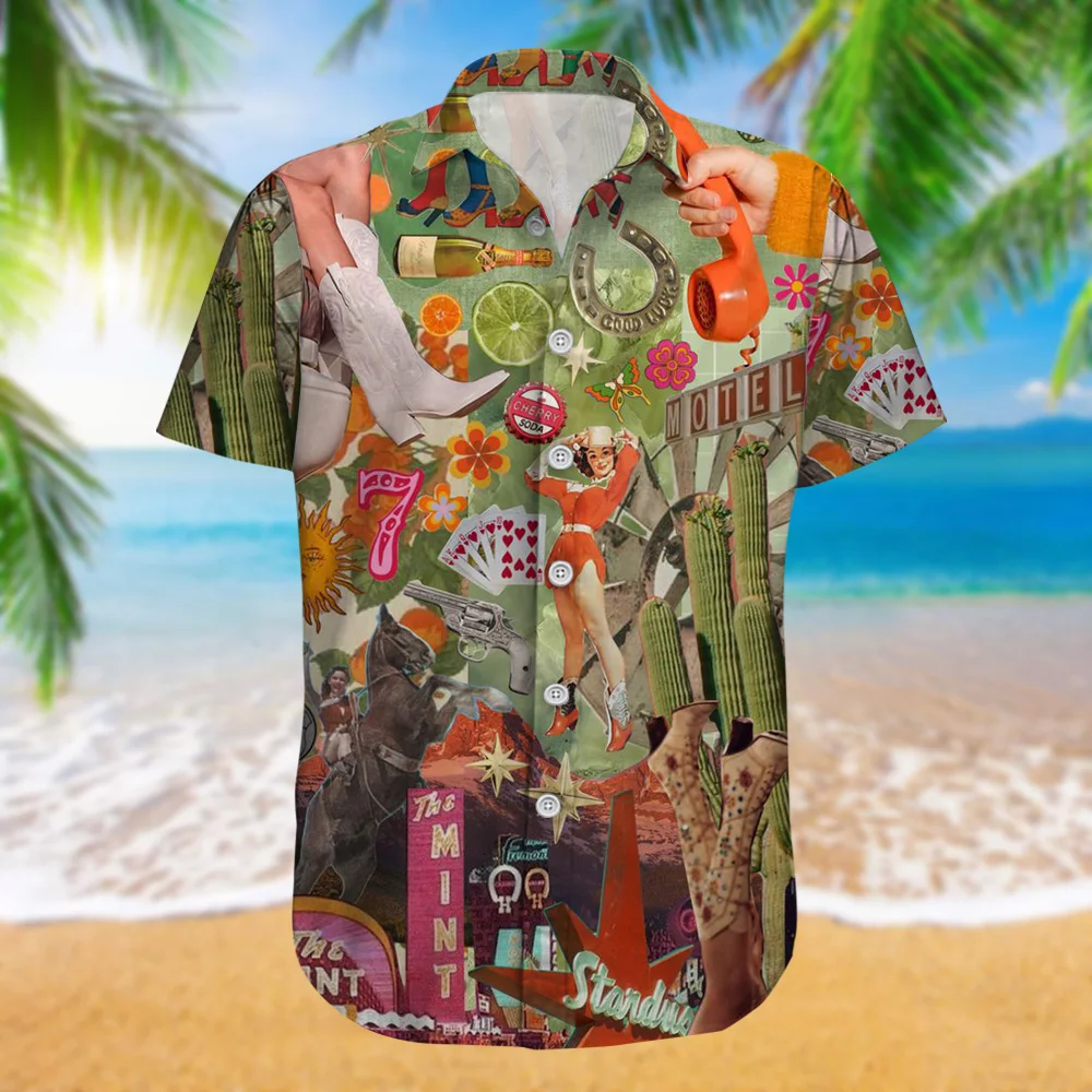 Camisa de manga curta masculina, camisas havaianas de cowboy ocidental, roupas de vestido masculino, verão