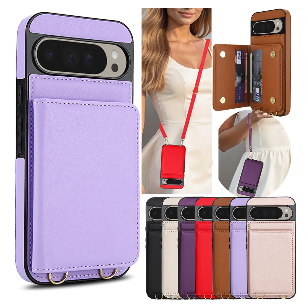 

Crossbody Leather Wallet Case For Google Pixel 9Pro XL 9A 8A 6A 8Pro 8 9 Phone Cover Kickstand Phone Case Card Cash Holder Strap