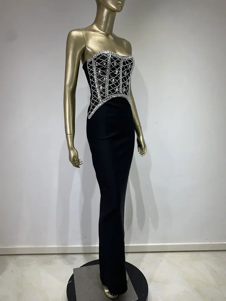 Sexy Dameskleding Met Diamant Design Maxi-Jurk Strapless Mouwloze Bodycon Off Back Lange Jurk Cocktail Avond Party Vestido