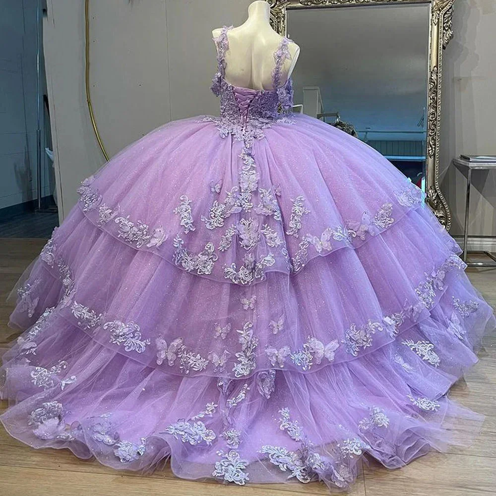 Vestido de baile lila con hombros descubiertos, traje de Quinceañera de 15 y 16 años, Apliques de encaje con cuentas, volantes escalonados, tul de princesa para cumpleaños