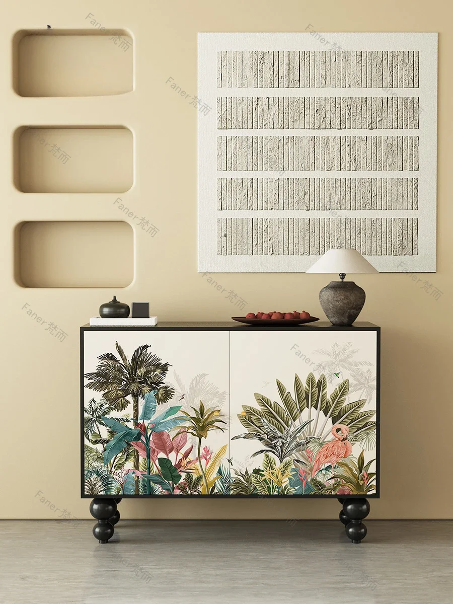 Jungle flower and bird dining cabinet with solid wood integrated against the wall