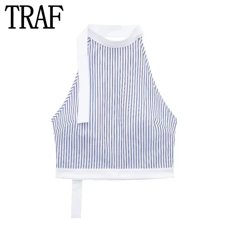 TRAF 2024 Striped Halter Top Female Blue Backless Crop Top Women Off Shoulder Sleeveless Sexy Top Woman Summer Short Tops