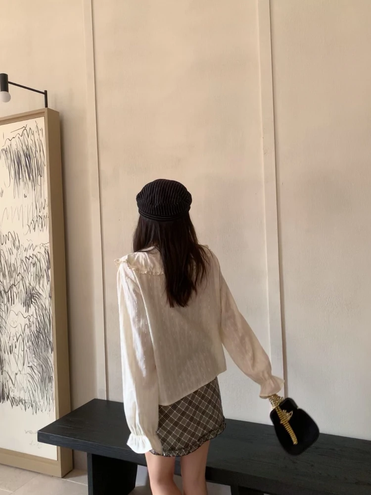 

Iouiou Pure Cotton Korean Sle irt with Lace Trim Breathable Comfortable Inner Wear French Sle Loose Fit Long Sve